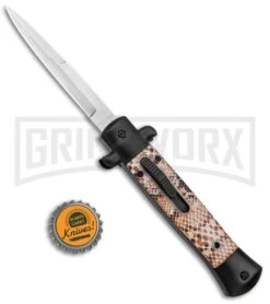 Mago 9" Diamondback Black Italian Stiletto OTF Automatic Knife - Satin Bayo -Kershaw Shop Mago 9in Diamondback Black Italian Stiletto OTF Auto Satin Plain Bayo GX 37461 jr bottlecap large