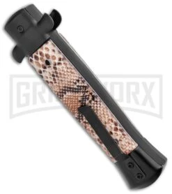 Mago 9" Diamondback Black Italian Stiletto OTF Automatic Knife - Satin Bayo -Kershaw Shop Mago 9in Diamondback Black Italian Stiletto OTF Auto Satin Plain Bayo GX 37461 jr side large