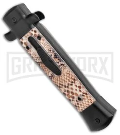 Mago 9" Diamondback Black Italian Stiletto OTF Automatic Knife - Satin Bayo -Kershaw Shop Mago 9in Diamondback Black Italian Stiletto OTF Auto Satin Plain Bayo GX 37461 jr spine large