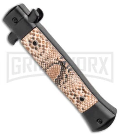 Mago 9" Diamondback Italian Stiletto OTF Automatic Knife - Satin Plain W/o Clip -Kershaw Shop Mago 9in Diamondback Italian Stiletto OTF Auto Satin without Clip BHQ 143886 jr side large