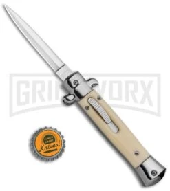 Mago 9" Sim Ivory Italian Stiletto OTF Automatic Knife - Satin Plain Dagg -Kershaw Shop Mago 9in Sim Ivory Italian Stiletto OTF Auto Satin Bayo GX 37053 jr bottlecap large