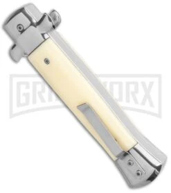 Mago 9" Sim Ivory Italian Stiletto OTF Auto Knife Satin Bolsters - Satin Bayonet -Kershaw Shop Mago 9in Sim Ivory Italian Stiletto OTF Auto Satin Bolsters Satin Bayo GX 37326 jr side large