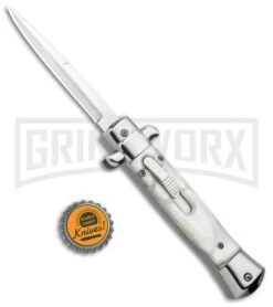 Mago 9" White Marble Italian Stiletto OTF Auto Bayo - Satin Plain -Kershaw Shop Mago 9in White Marble Italian Stiletto OTF Auto Satin GX 33810 jr bottlecap large