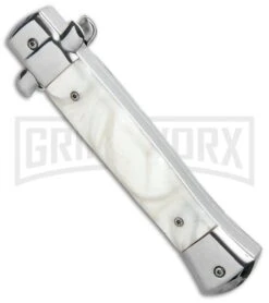 Mago 9" White Marble Italian Stiletto OTF Auto Bayo - Satin Plain -Kershaw Shop Mago 9in White Marble Italian Stiletto OTF Auto Satin GX 33810 jr side large