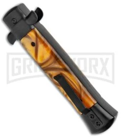 Mago 9" Gold Smoke Abyss Italian Stiletto OTF Automatic Knife - Dagger -Kershaw Shop Mago 9in Yellow Marble Italian Dagger OTF Auto Black Satin GX 37086 jr side large