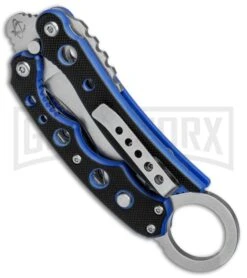 Mantis Vuja De Black/Blue G-10 Balisong Karambit Butterfly Knife - Satin Plain -Kershaw Shop Mantis Vuja De Balisong Karambit Crossover Black Blue G 10 Satin MANMK4B BHQ 56610 jr side large