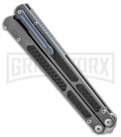 Maxace Covenant Titanium/CF Drop Point Balisong - Satin Plain -Kershaw Shop Maxace Covenant Butterfly Gray Handle Satin Blade Drop Point GX 37723 td side large