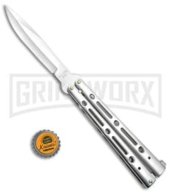 Mega Flick XL Silver Balisong Butterfly Knife - Satin Plain -Kershaw Shop Mega Flick XL Balisong Butterfly Silver M 132 SL BP 19707 jr bottlecap large
