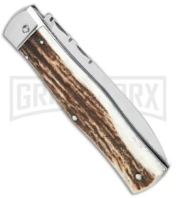Mikov 241 Predator Stag Automatic Lever Lock Knife File Work - Bayo -Kershaw Shop Mikov 241 Predator LL Bayo Auto Stag File Work Satin BHQ 104172 jr side large