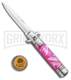 Milano 7.5" Lever Lock Automatic Knife Pink Acrylic - Bayonet Satin -Kershaw Shop Milano 7.5 Lever Lock Automatic Knife Pink Acrylic Bayonet Satin GX 33521 ns bottlecap 2 large