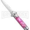 Milano 7.5" Lever Lock Automatic Knife Pink Acrylic - Bayonet Satin -Kershaw Shop Milano 7.5 Lever Lock Automatic Knife Pink Acrylic Bayonet Satin GX 33521 ns large