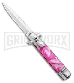 Milano 7.5" Lever Lock Automatic Knife Pink Acrylic - Bayonet Satin