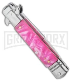 Milano 7.5" Lever Lock Automatic Knife Pink Acrylic - Bayonet Satin -Kershaw Shop Milano 7.5 Lever Lock Automatic Knife Pink Acrylic Bayonet Satin GX 33521 ns side large