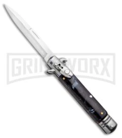 Milano 8.5" Lever Lock Automatic Knife Black Marble - Bayonet Satin