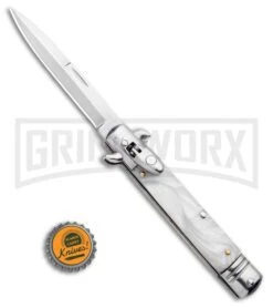 Milano 8.5" Lever Lock Automatic Knife White Marble - Bayonet Satin -Kershaw Shop Milano 8.5 Lever Lock Automatic Knife White Bayonet Satin GX 33708 ns bottlecap large