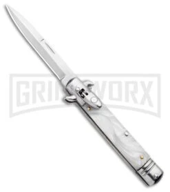 Milano 8.5" Lever Lock Automatic Knife White Marble - Bayonet Satin