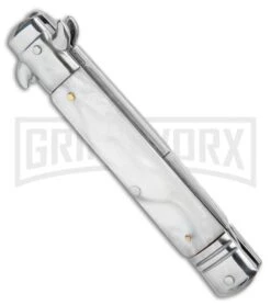 Milano 8.5" Lever Lock Automatic Knife White Marble - Bayonet Satin -Kershaw Shop Milano 8.5 Lever Lock Automatic Knife White Bayonet Satin GX 33708 ns side large
