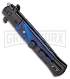 Milano 9" Stiletto Blue Acrylic Automatic Knife - Bayonet Zebra Stripe -Kershaw Shop Milano 9 Stiletto Blue Acrylic Automatic Knife Bayonet Zebra GX 33719 ns side large