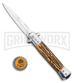 Milano 9" Stiletto Sim Stag Horn Automatic Knife - Bayonet Satin -Kershaw Shop Milano 9 Stiletto Sim Stag Horn Automatic Knife GX 33765 ns bottlecap large