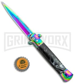 Milano 9" Black Marble Rainbow Italian Style Automatic Knife - Bayonet Spectrum -Kershaw Shop Milano 9in Black Marble Rainbow Italian Style Auto Bayo Spectrum GX 35779 jr bottlecap large