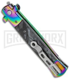 Milano 9" Black Marble Rainbow Italian Style Automatic Knife - Bayonet Spectrum -Kershaw Shop Milano 9in Black Marble Rainbow Italian Style Auto Bayo Spectrum GX 35779 jr side large
