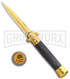 Milano 9" Italian Stiletto Wood Black Automatic Knife - Bayonet Gold -Kershaw Shop Milano 9in Gold Italian Stiletto Black Wood Auto Bayo Gold GX 36291 jr bottlecap large