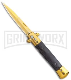 Milano 9" Italian Stiletto Wood Black Automatic Knife - Bayonet Gold