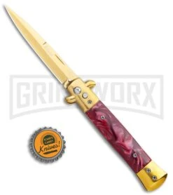 Milano 9" Italian Stiletto Gold/Red Marble Automatic Knife - Bayonet Satin -Kershaw Shop Milano 9in Gold Italian Stiletto Red Swirl Auto Bayo Gold GX 36255 jr bottlecap large