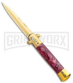 Milano 9" Italian Stiletto Gold/Red Marble Automatic Knife - Bayonet Satin