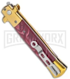 Milano 9" Italian Stiletto Gold/Red Marble Automatic Knife - Bayonet Satin -Kershaw Shop Milano 9in Gold Italian Stiletto Red Swirl Auto Bayo Gold GX 36255 jr side large