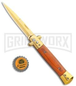 Milano 9" Stiletto Gold/Red Wood Automatic Knife - Bayonet -Kershaw Shop Milano 9in Gold Italian Stiletto Rosewood Auto Bayo Gold GX 36287 jr bottlecap large