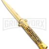 Milano 9" Stiletto Gold Sim Stag Horn Automatic Knife - Bayonet Satin -Kershaw Shop Milano 9in Gold Italian Stiletto Stag Horn Auto Bayo Gold GX 36285 jr large