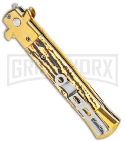 Milano 9" Stiletto Gold Sim Stag Horn Automatic Knife - Bayonet Satin -Kershaw Shop Milano 9in Gold Italian Stiletto Stag Horn Auto Bayo Gold GX 36285 jr side large