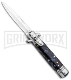 Milano 7.5" Lever Lock Automatic Knife Black Marble - Bayonet Satin