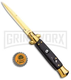 Milano 9" Italian Stiletto Black Wood Automatic Knife - Bayonet Gold -Kershaw Shop Milano 9in Italian Stiletto Black Wood Auto Bayo Gold GSE019GDWBK GX 33528 jr bottlecap large