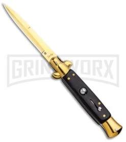 Milano 9" Italian Stiletto Black Wood Automatic Knife - Bayonet Gold