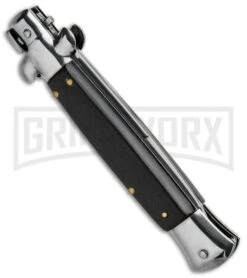 Milano 9" Black Wood Italian Style Automatic Knife - Bayonet Satin -Kershaw Shop Milano 9in Italian Stiletto Black wood Auto Bayo GSE019WBK GX 33412 jr side large