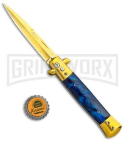 Milano 9" Italian Stiletto Blue Marble Automatic Knife - Bayonet Gold -Kershaw Shop Milano 9in Italian Stiletto Blue Marble Auto Bayo Gold GX 35776 jr bottlecap large