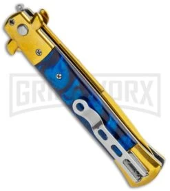 Milano 9" Italian Stiletto Blue Marble Automatic Knife - Bayonet Gold -Kershaw Shop Milano 9in Italian Stiletto Blue Marble Auto Bayo Gold GX 35776 jr side large
