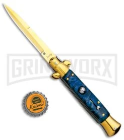 Milano 9" Italian Stiletto Blue Swirl Automatic Knife - Bayonet Gold -Kershaw Shop Milano 9in Italian Stiletto Blue Swirl Auto Bayo Gold GSE019GDMBL GX 33535 jr bottlecap large