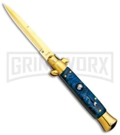 Milano 9" Italian Stiletto Blue Swirl Automatic Knife - Bayonet Gold
