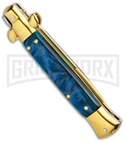 Milano 9" Italian Stiletto Blue Swirl Automatic Knife - Bayonet Gold -Kershaw Shop Milano 9in Italian Stiletto Blue Swirl Auto Bayo Gold GSE019GDMBL GX 33535 jr side large