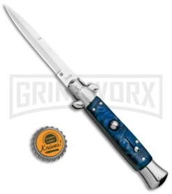 Milano 9" Italian Stiletto Blue Swirl Automatic Knife - Bayonet Satin -Kershaw Shop Milano 9in Italian Stiletto Blue Swirl Auto Bayo Satin GSE019MBL GX 33531 jr bottlecap large