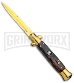 Milano 9" Italian Stiletto Brown Swirl Automatic Knife - Bayonet Gold