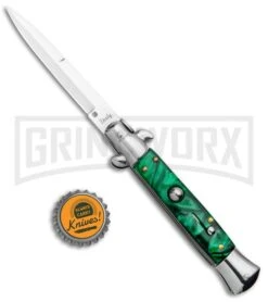 Milano 9" Italian Stiletto Green Swirl Automatic Knife - Bayonet Satin -Kershaw Shop Milano 9in Italian Stiletto Green Swirl Auto Bayo GSE019MGRN GX 33524 jr bottlecap large