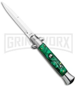 Milano 9" Italian Stiletto Green Swirl Automatic Knife - Bayonet Satin