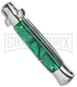Milano 9" Italian Stiletto Green Swirl Automatic Knife - Bayonet Satin -Kershaw Shop Milano 9in Italian Stiletto Green Swirl Auto Bayo GSE019MGRN GX 33524 jr side large