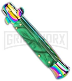 Milano 9" Italian Stiletto Green Swirl Automatic Knife - Bayonet Spectrum -Kershaw Shop Milano 9in Italian Stiletto Green Swirl Auto Bayo Spectrum GSE019RBMGRN GX 33525 jr side large