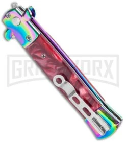 Milano 9" Italian Stiletto Red Swirl Automatic Knife - Bayonet Spectrum -Kershaw Shop Milano 9in Italian Stiletto Red Swirl Auto Bayo Spectrum GX 36290 jr side large