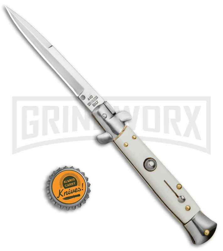 Milano 9" White Italian Style Automatic Knife - Bayonet Satin 6 Milano 9" White Italian Style Automatic Knife - Bayonet Satin - Image 4